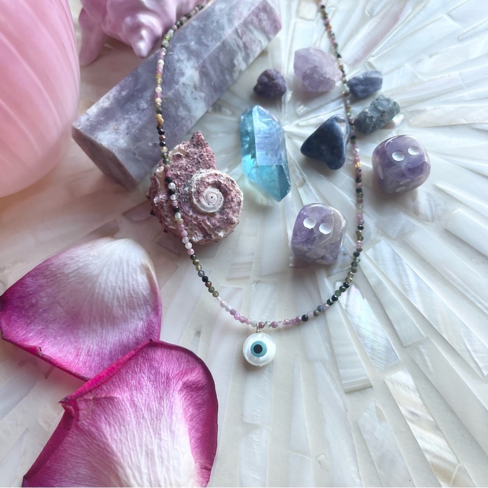 Evil Eye Micro-faceted Watermelon Tourmaline Necklace